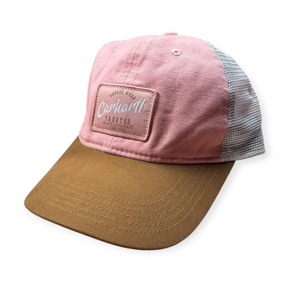 Carhartt Pink Canvas Snapback Cap Rugged Wear Patch Mesh Trucker Hat Adjustable